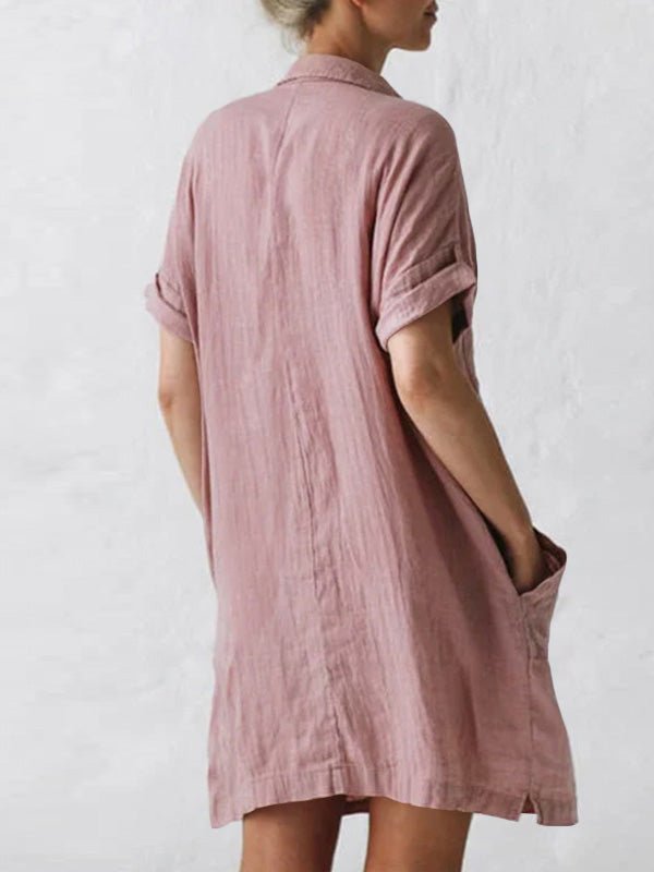 Collared Button Front Rolled Sleeve Multi-Pocket Midi Shirt Dress