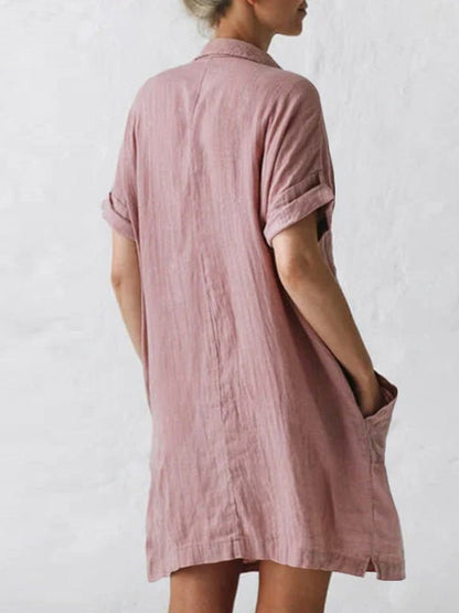 Collared Button Front Rolled Sleeve Multi-Pocket Midi Shirt Dress