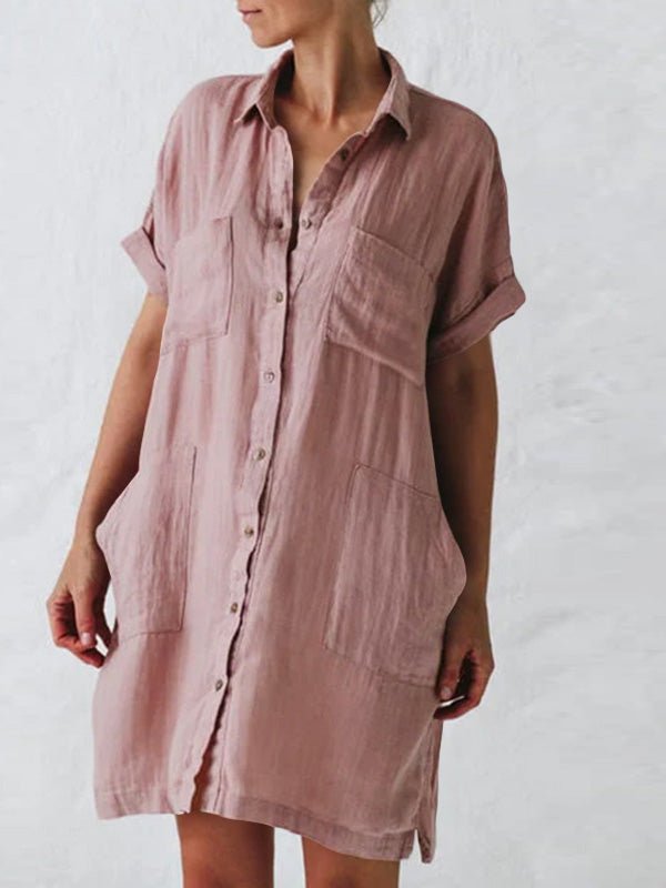 Collared Button Front Rolled Sleeve Multi-Pocket Midi Shirt Dress