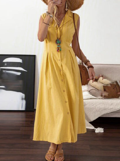 Collar Button Down Sleeveless Pleated Waist Maxi Shirt Dress