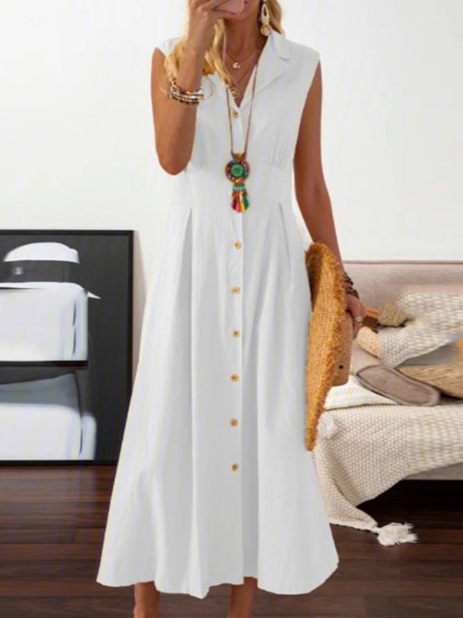 Collar Button Down Sleeveless Pleated Waist Maxi Shirt Dress