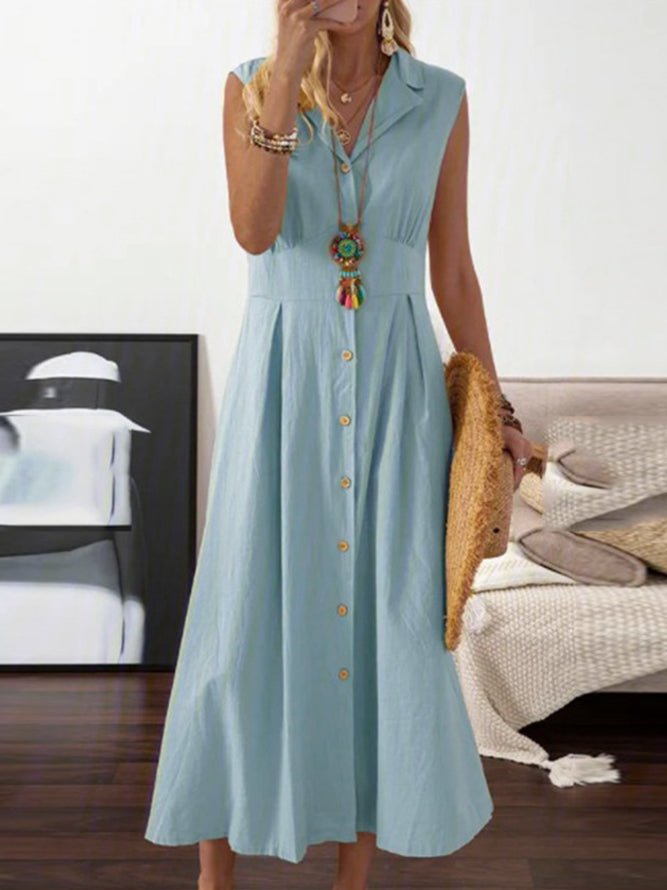 Collar Button Down Sleeveless Pleated Waist Maxi Shirt Dress