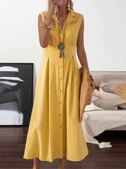 Collar Button Down Sleeveless Pleated Waist Maxi Shirt Dress