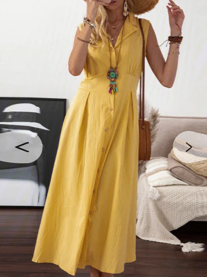 Collar Button Down Sleeveless Pleated Waist Maxi Shirt Dress