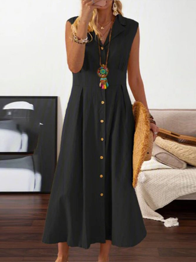 Collar Button Down Sleeveless Pleated Waist Maxi Shirt Dress