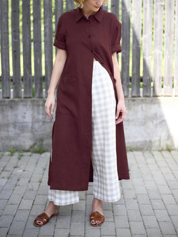 Collared Short Sleeve Roll Cuff Button Front Patch Pocket Longline Shirt Dress