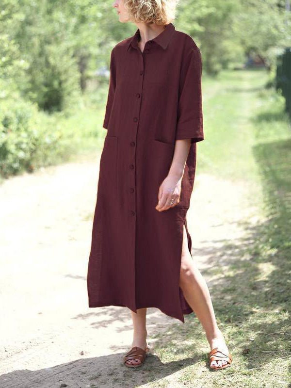 Collared Short Sleeve Roll Cuff Button Front Patch Pocket Longline Shirt Dress