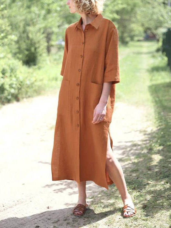 Collared Short Sleeve Roll Cuff Button Front Patch Pocket Longline Shirt Dress
