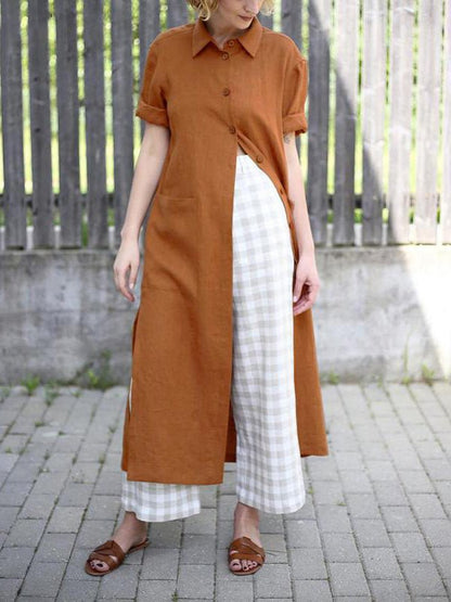 Collared Short Sleeve Roll Cuff Button Front Patch Pocket Longline Shirt Dress