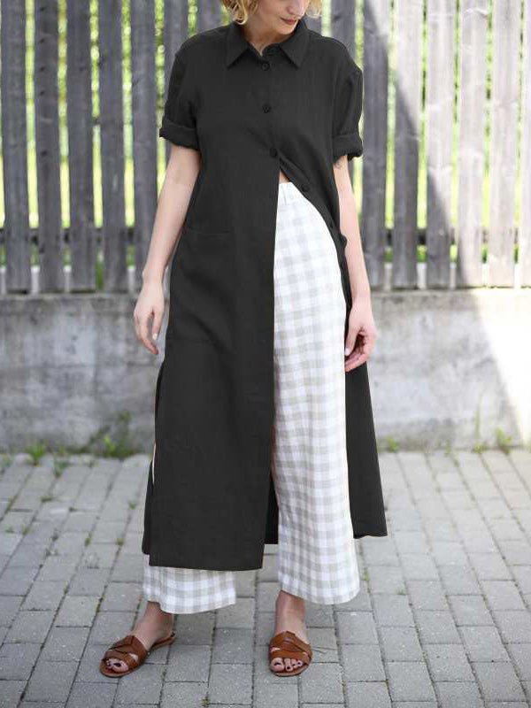 Collared Short Sleeve Roll Cuff Button Front Patch Pocket Longline Shirt Dress