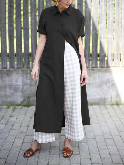 Collared Short Sleeve Roll Cuff Button Front Patch Pocket Longline Shirt Dress