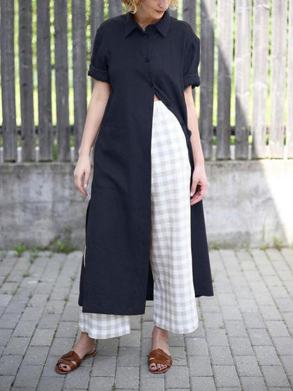 Collared Short Sleeve Roll Cuff Button Front Patch Pocket Longline Shirt Dress