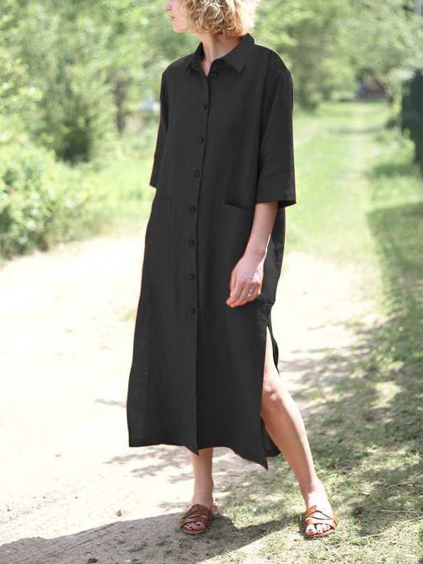 Collared Short Sleeve Roll Cuff Button Front Patch Pocket Longline Shirt Dress