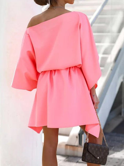 Boat Neck Oversized Flared Sleeve Tie Waist Structured Mini Dress