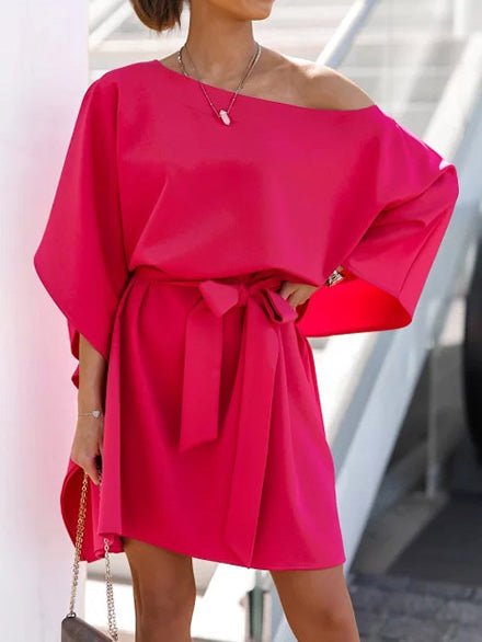 Boat Neck Oversized Flared Sleeve Tie Waist Structured Mini Dress