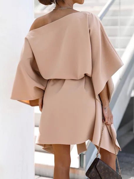 Boat Neck Oversized Flared Sleeve Tie Waist Structured Mini Dress