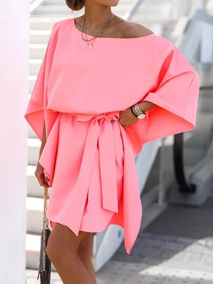 Boat Neck Oversized Flared Sleeve Tie Waist Structured Mini Dress