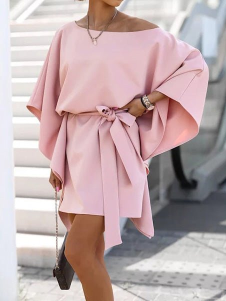 Boat Neck Oversized Flared Sleeve Tie Waist Structured Mini Dress