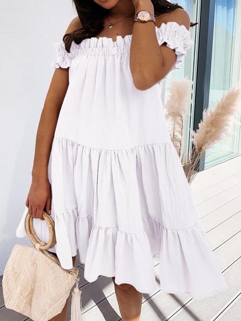 Off Shoulder Ruffle Tiered Smock Mini Dress