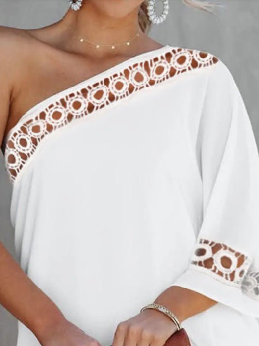 One-Shoulder Crochet Trim Flutter Sleeve Shift Mini Dress