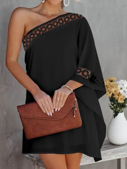 One-Shoulder Crochet Trim Flutter Sleeve Shift Mini Dress