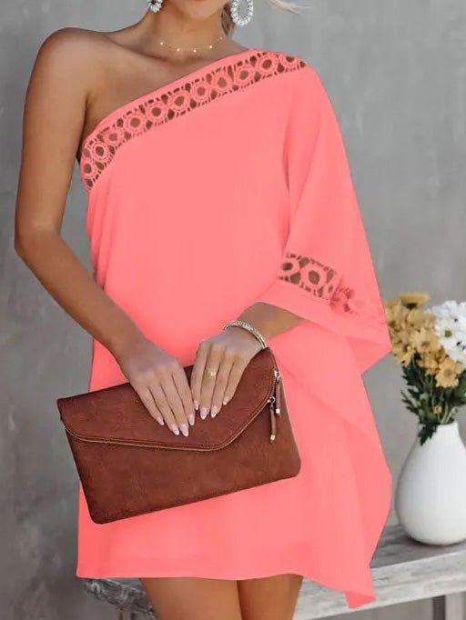 One-Shoulder Crochet Trim Flutter Sleeve Shift Mini Dress