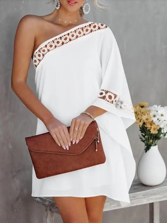 One-Shoulder Crochet Trim Flutter Sleeve Shift Mini Dress