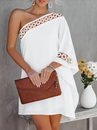 One-Shoulder Crochet Trim Flutter Sleeve Shift Mini Dress