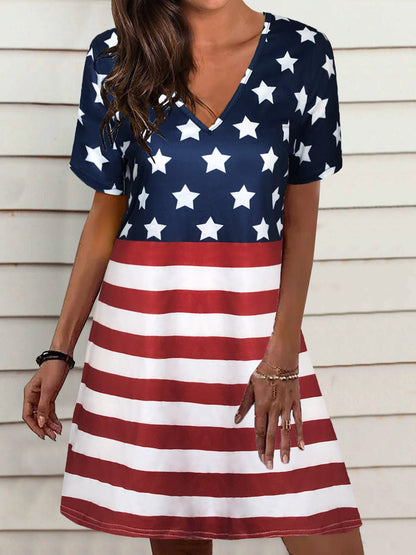 V-Neck Short Sleeve Distressed Flag Print Shift Mini Dress