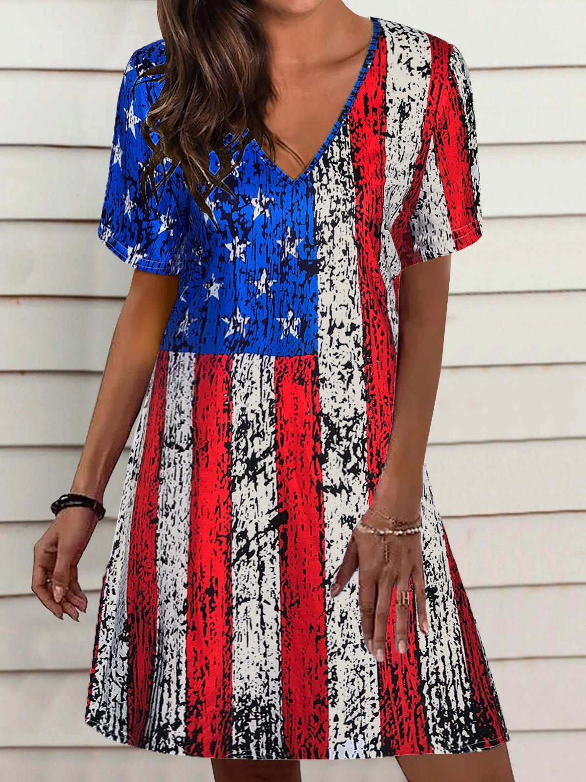 V-Neck Short Sleeve Distressed Flag Print Shift Mini Dress