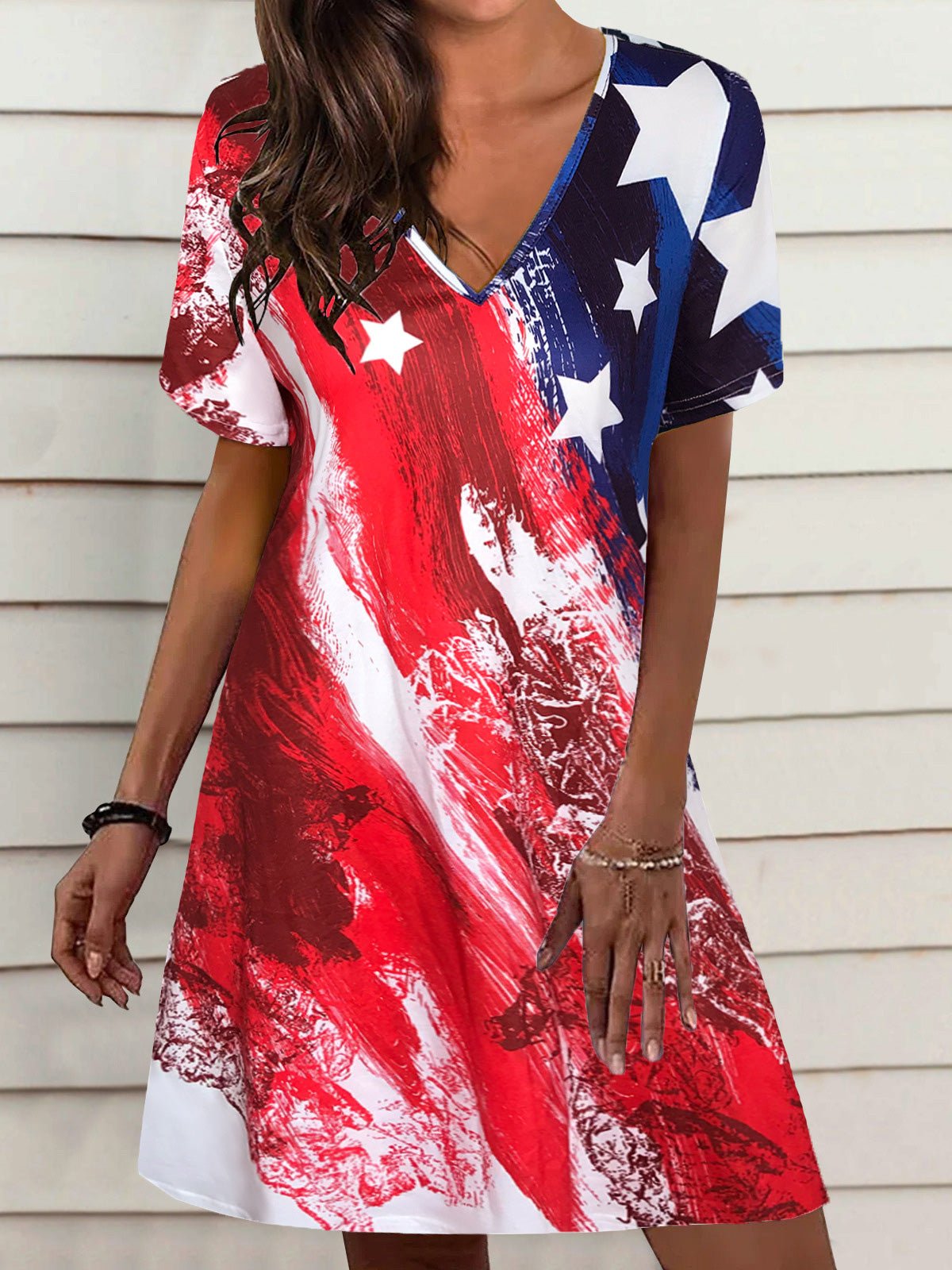 V-Neck Short Sleeve Distressed Flag Print Shift Mini Dress