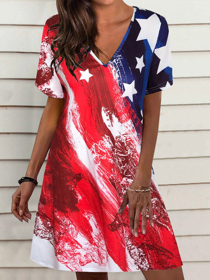 V-Neck Short Sleeve Distressed Flag Print Shift Mini Dress