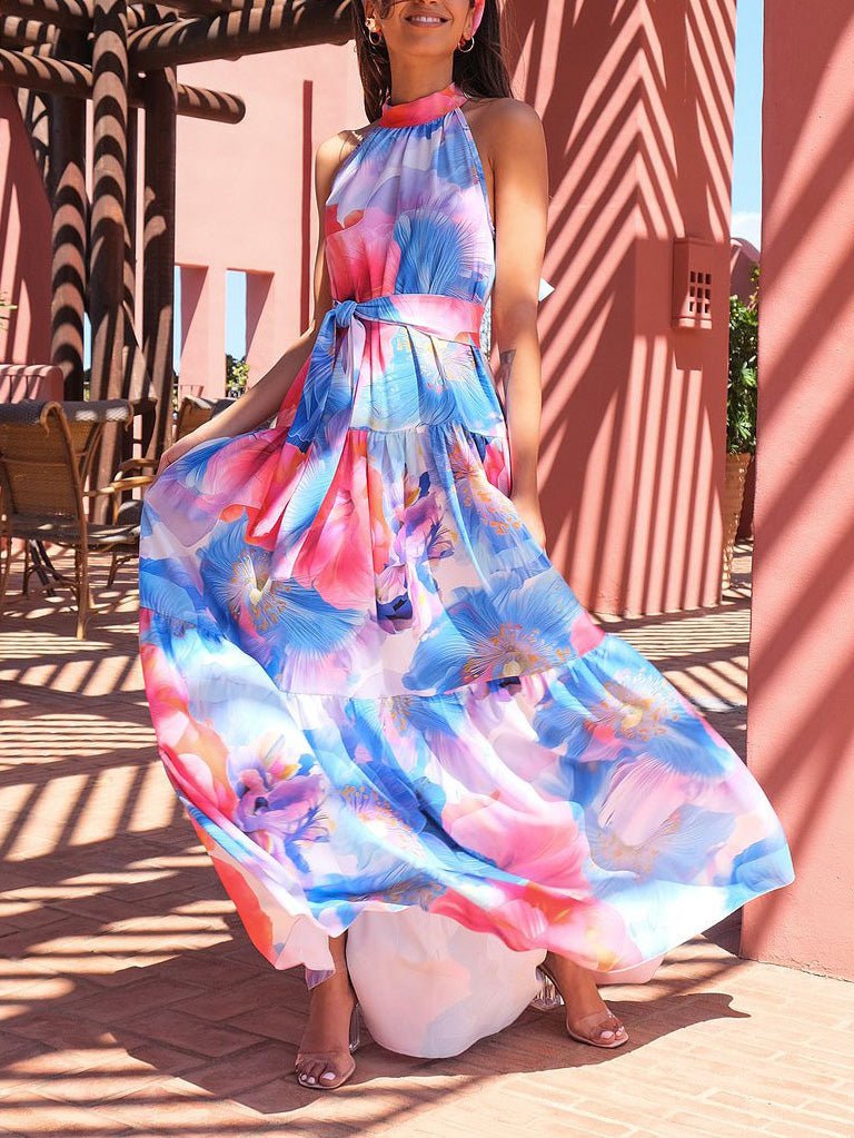Abstract Floral Print Halter Neck Tie Waist Tiered Maxi Dress