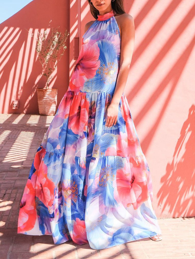 Abstract Floral Print Halter Neck Tie Waist Tiered Maxi Dress