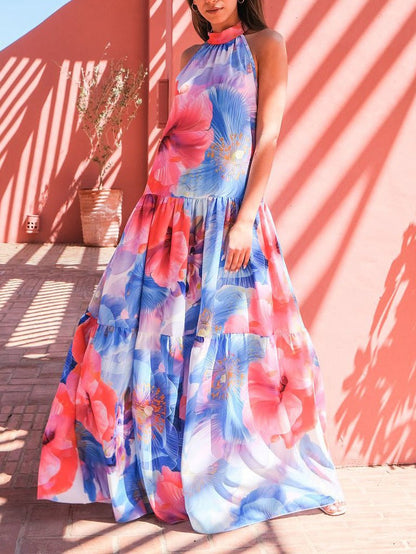 Abstract Floral Print Halter Neck Tie Waist Tiered Maxi Dress