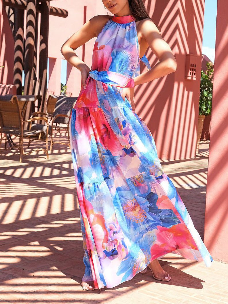 Abstract Floral Print Halter Neck Tie Waist Tiered Maxi Dress