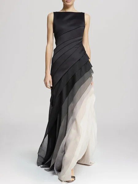 Boat Neck Sleeveless Diagonal Tiered Ombre Chiffon Maxi Gown