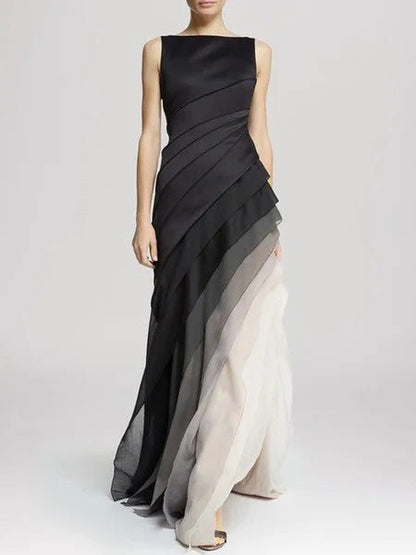 Boat Neck Sleeveless Diagonal Tiered Ombre Chiffon Maxi Gown