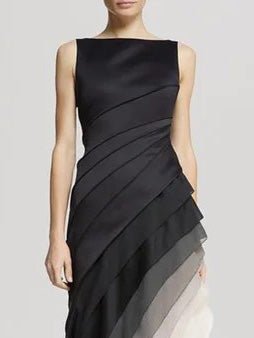 Boat Neck Sleeveless Diagonal Tiered Ombre Chiffon Maxi Gown