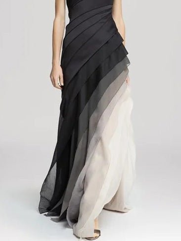 Boat Neck Sleeveless Diagonal Tiered Ombre Chiffon Maxi Gown