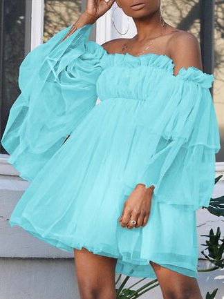 Off Shoulder Ruffle Trim Gathered Bodice Tiered Sheer Mesh Long Sleeve Mini Dress