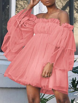 Off Shoulder Ruffle Trim Gathered Bodice Tiered Sheer Mesh Long Sleeve Mini Dress