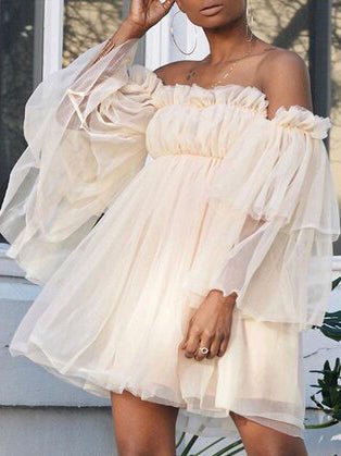 Off Shoulder Ruffle Trim Gathered Bodice Tiered Sheer Mesh Long Sleeve Mini Dress