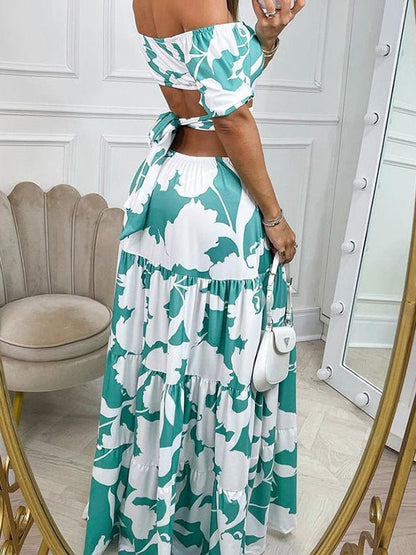 Off Shoulder Puff Sleeve Waist Cutout Tiered Abstract Floral Print Maxi Dress