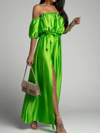 Off Shoulder Puff Sleeve Self Tie Waist Thigh Slit Satin Maxi Dress