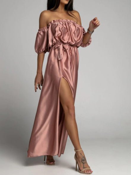 Off Shoulder Puff Sleeve Self Tie Waist Thigh Slit Satin Maxi Dress
