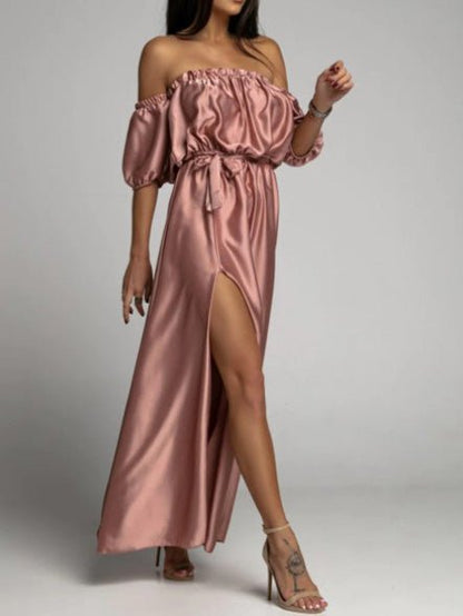Off Shoulder Puff Sleeve Self Tie Waist Thigh Slit Satin Maxi Dress