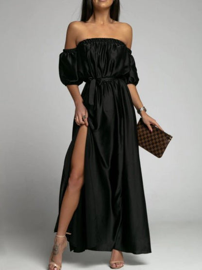 Off Shoulder Puff Sleeve Self Tie Waist Thigh Slit Satin Maxi Dress