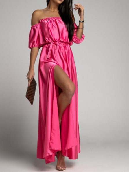 Off Shoulder Puff Sleeve Self Tie Waist Thigh Slit Satin Maxi Dress