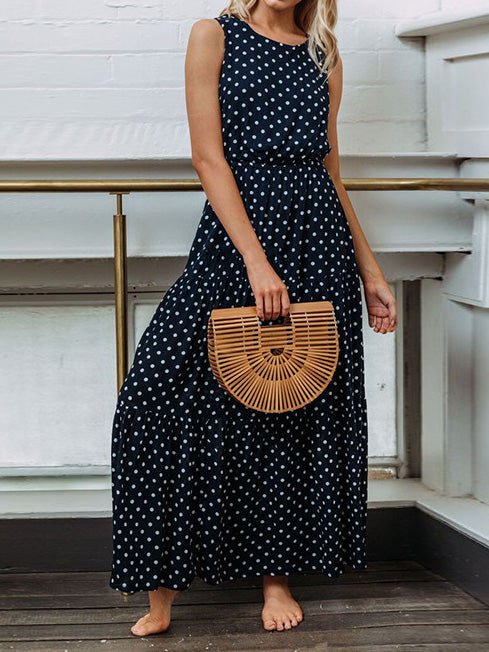 Crew Neck Sleeveless Polka Dot Tiered Ruffle Waist Maxi Dress